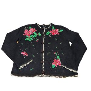 NWT Reference Point Black Cardigan Sweater Embellished Christmas Poinsettia S‎